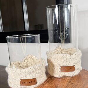 Set of 2 Fall Glass Candle Holders Grateful Thankful Knit Sweater Cozy Farmhouse